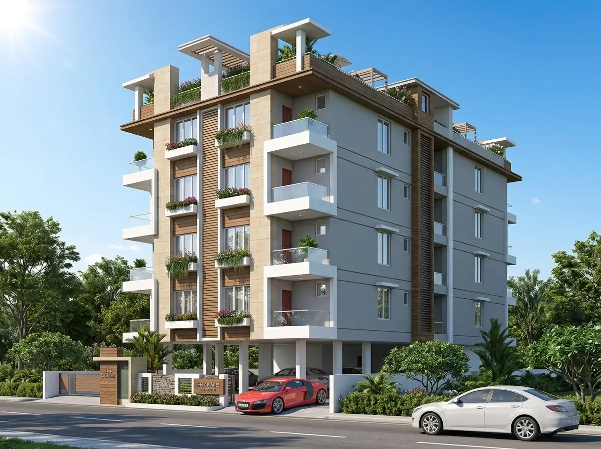 A boutique apartment building by day, its balconies planted with greenery.