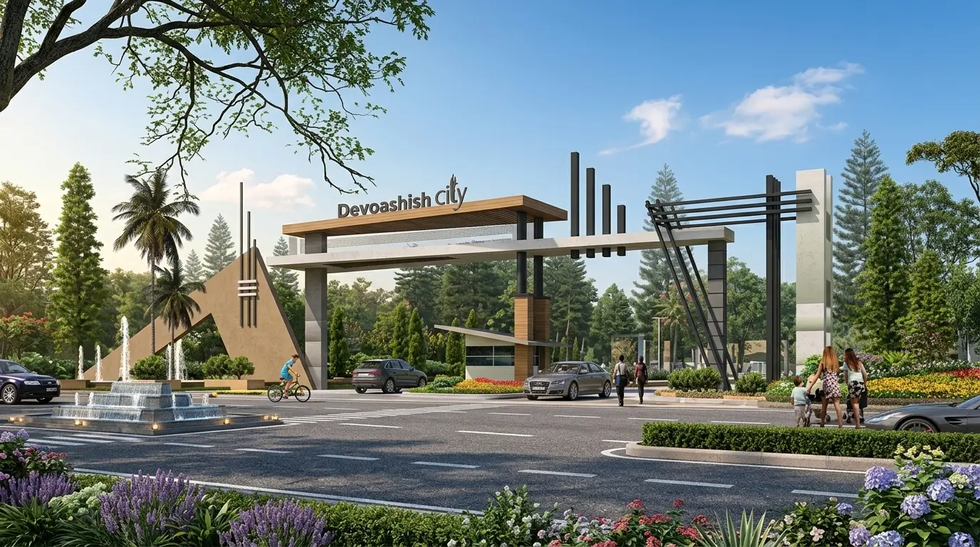 The entrance gate of Devaashish City, lined with palms.