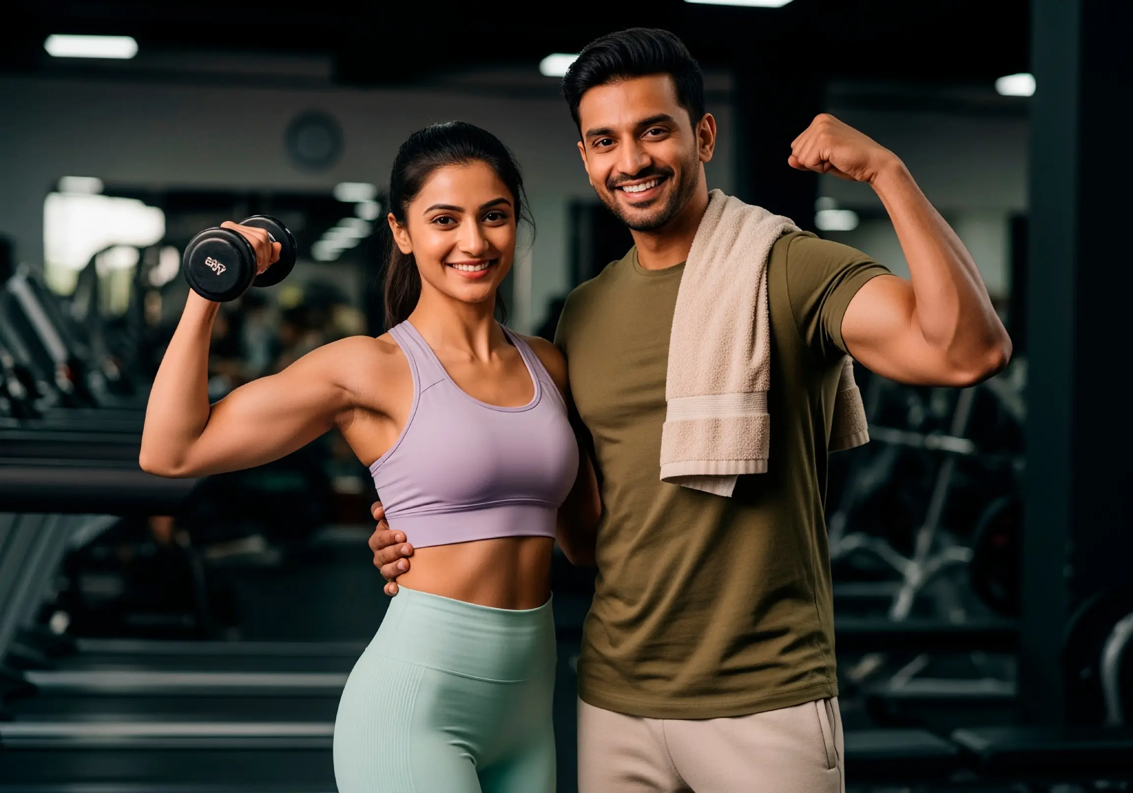 Two residents in the gymnasium, one lifting a dumbbell.