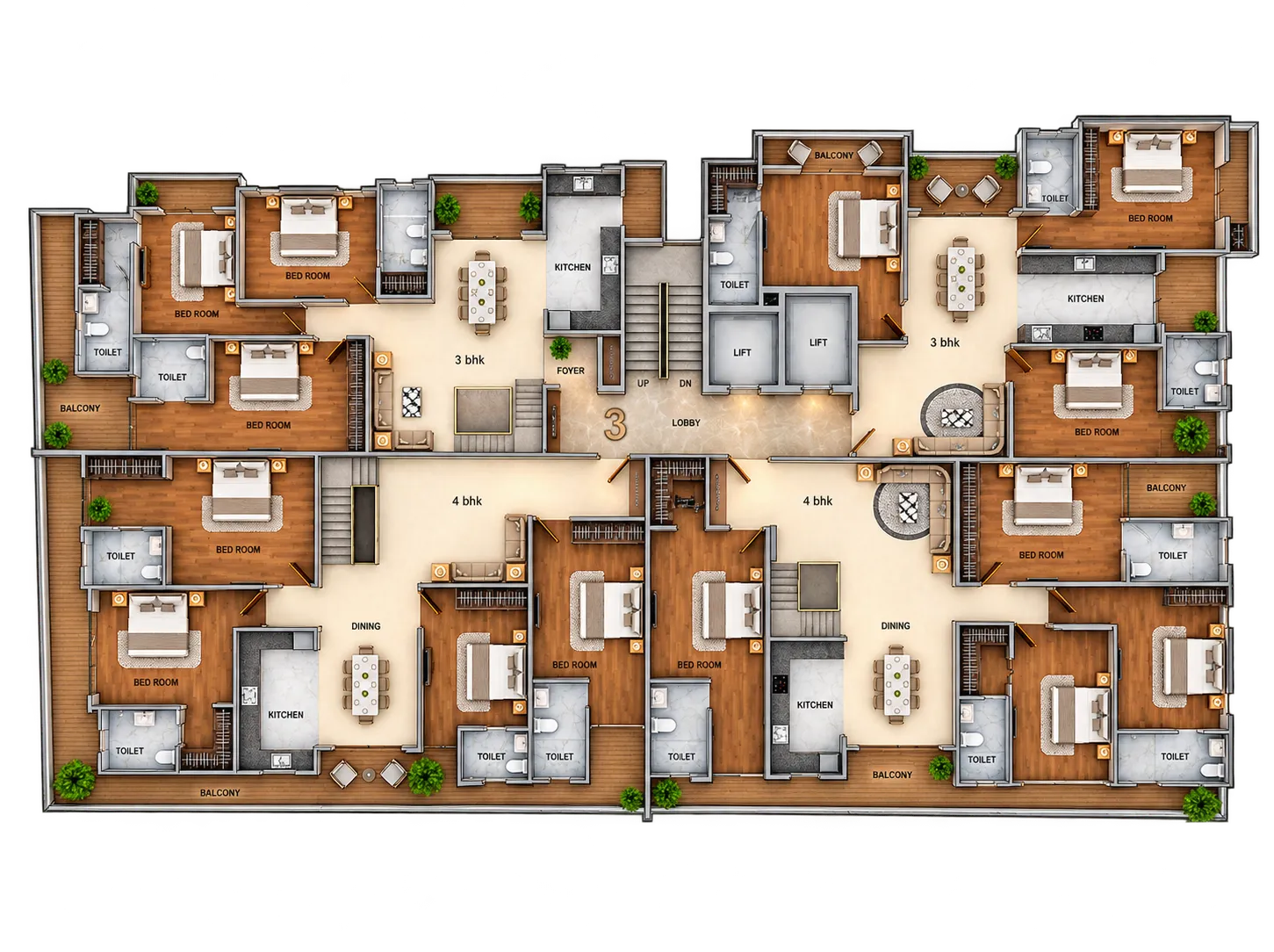Third floor plan: two 3 BHK and two 4 BHK residences around a central lobby with two lifts and a stair.