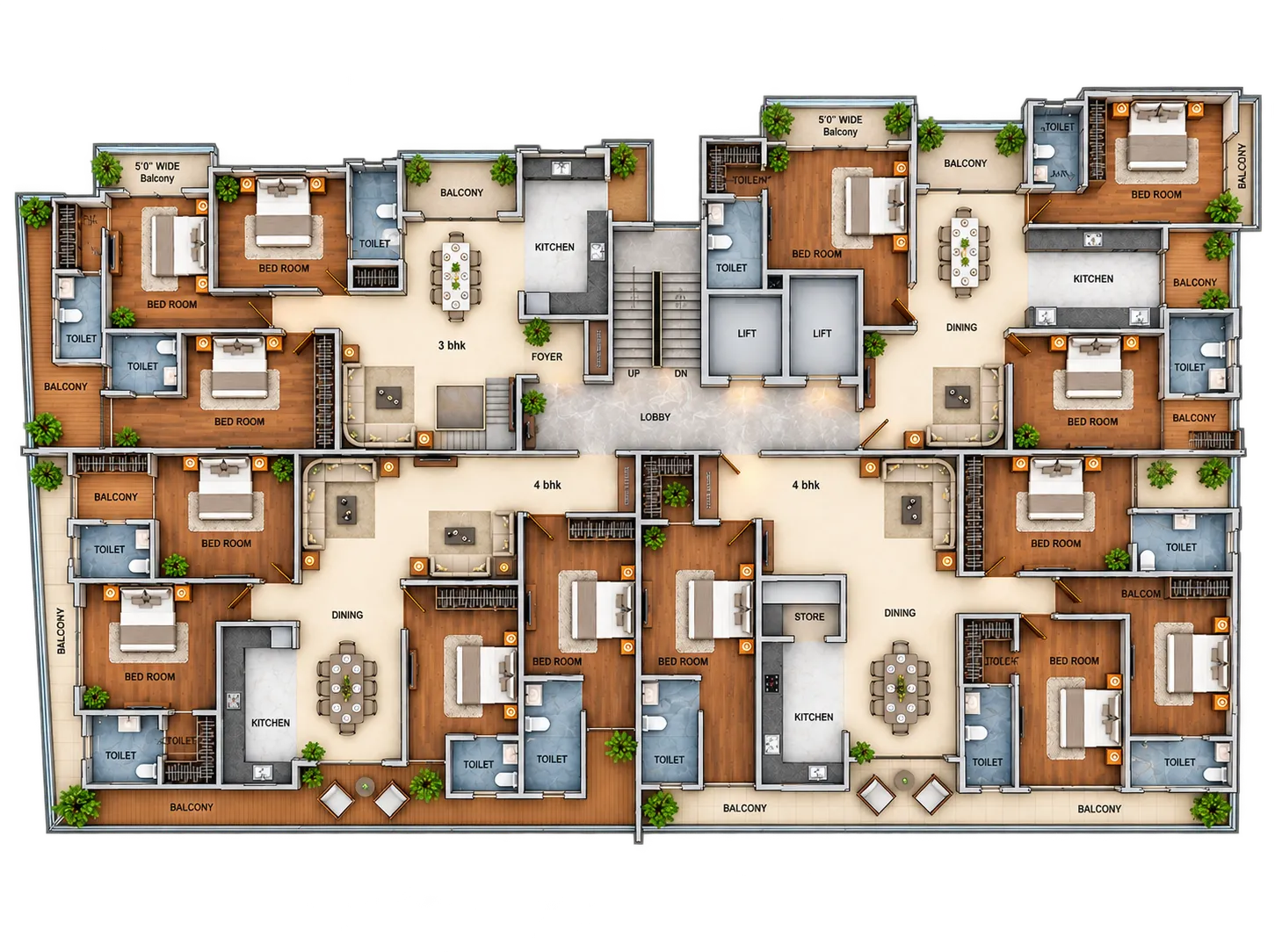 Typical floor plan: two 3 BHK residences above and two 4 BHK residences below, around a central lobby with two lifts and a stair.