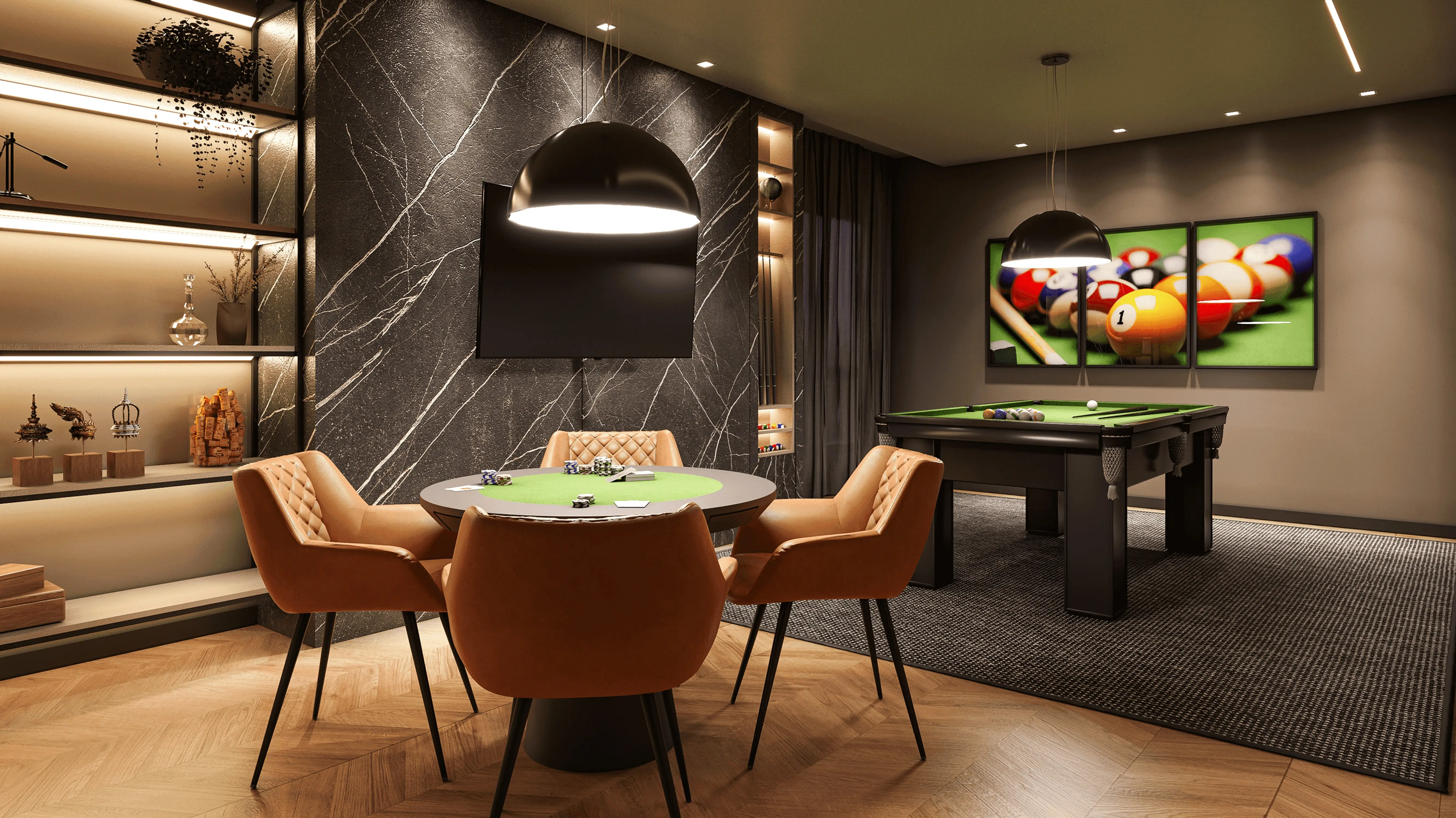 The games room: a card table under a pendant lamp and a pool table beyond.
