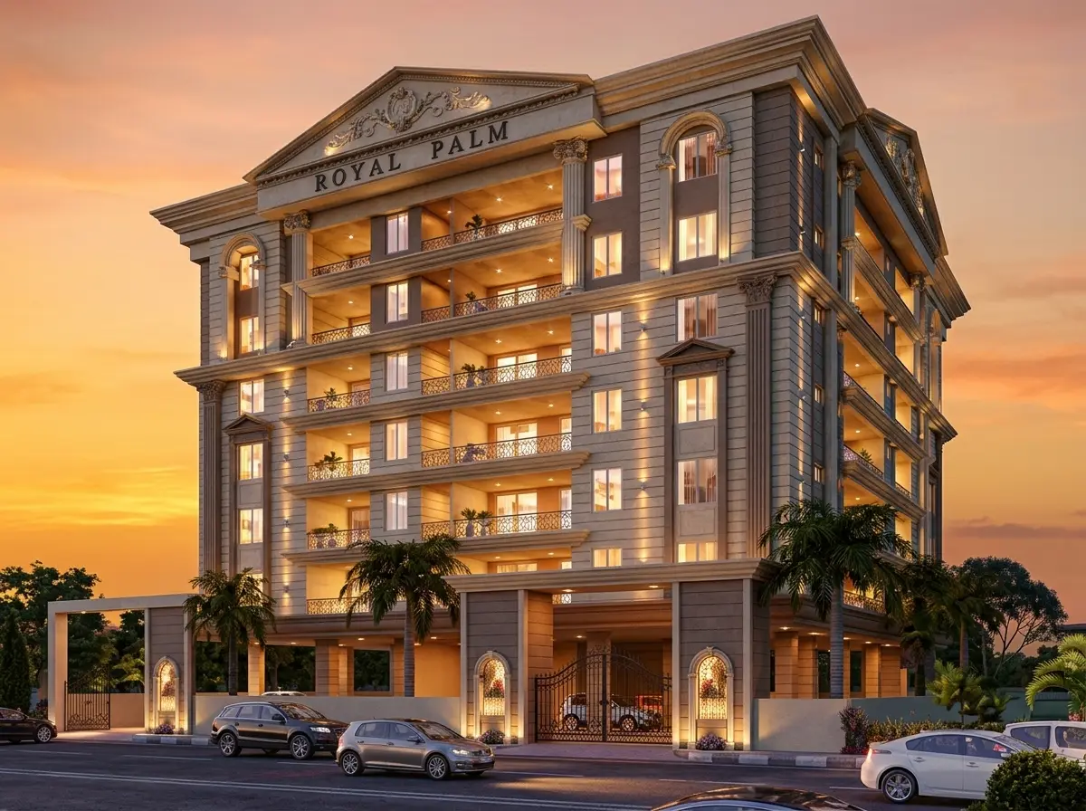 Royal Palm at sunset, a classical facade with arched balconies.