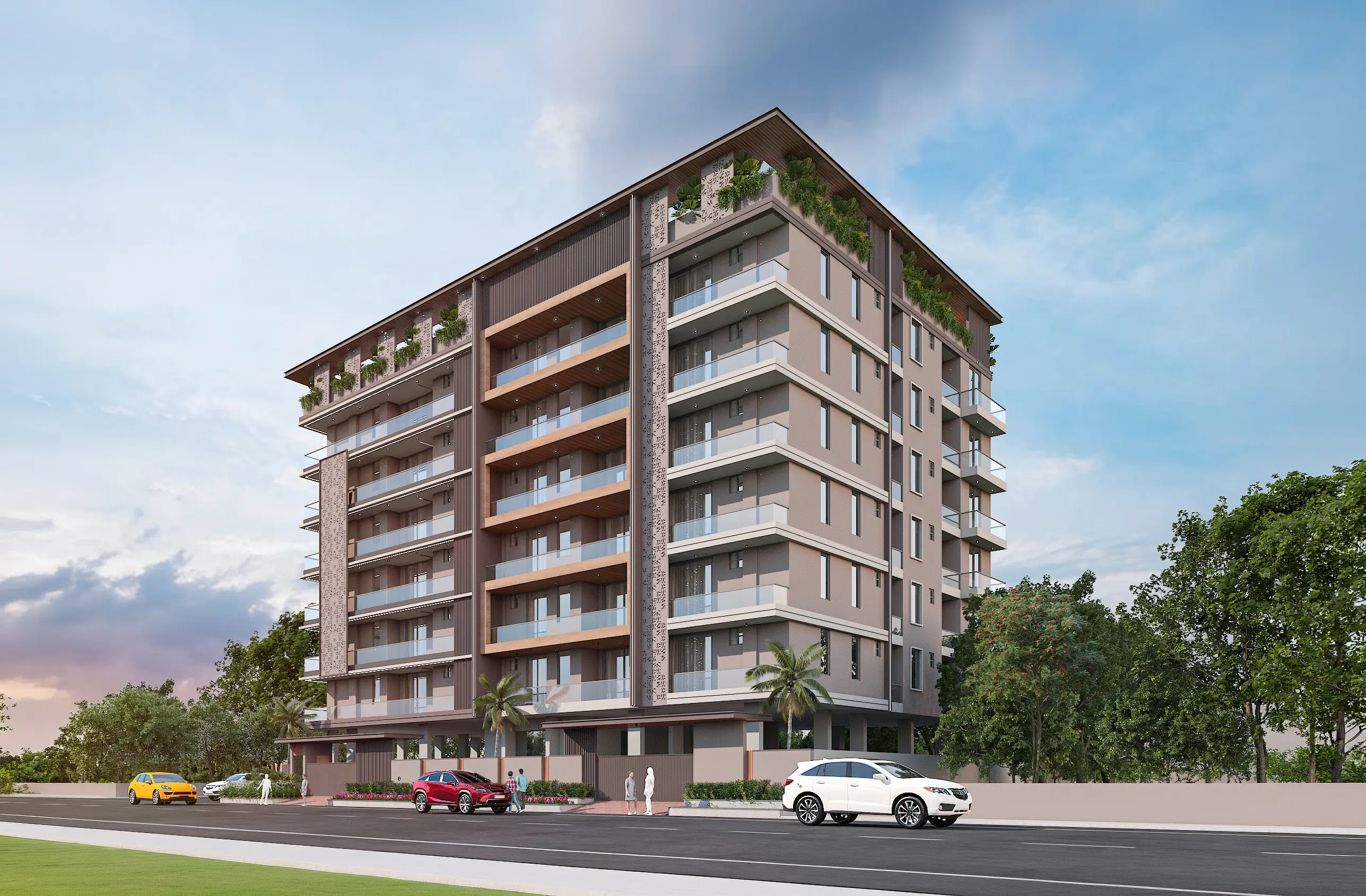 Vaishali Suites by day from the corner: a stone-and-teak tower with planted terraces above a wide road.