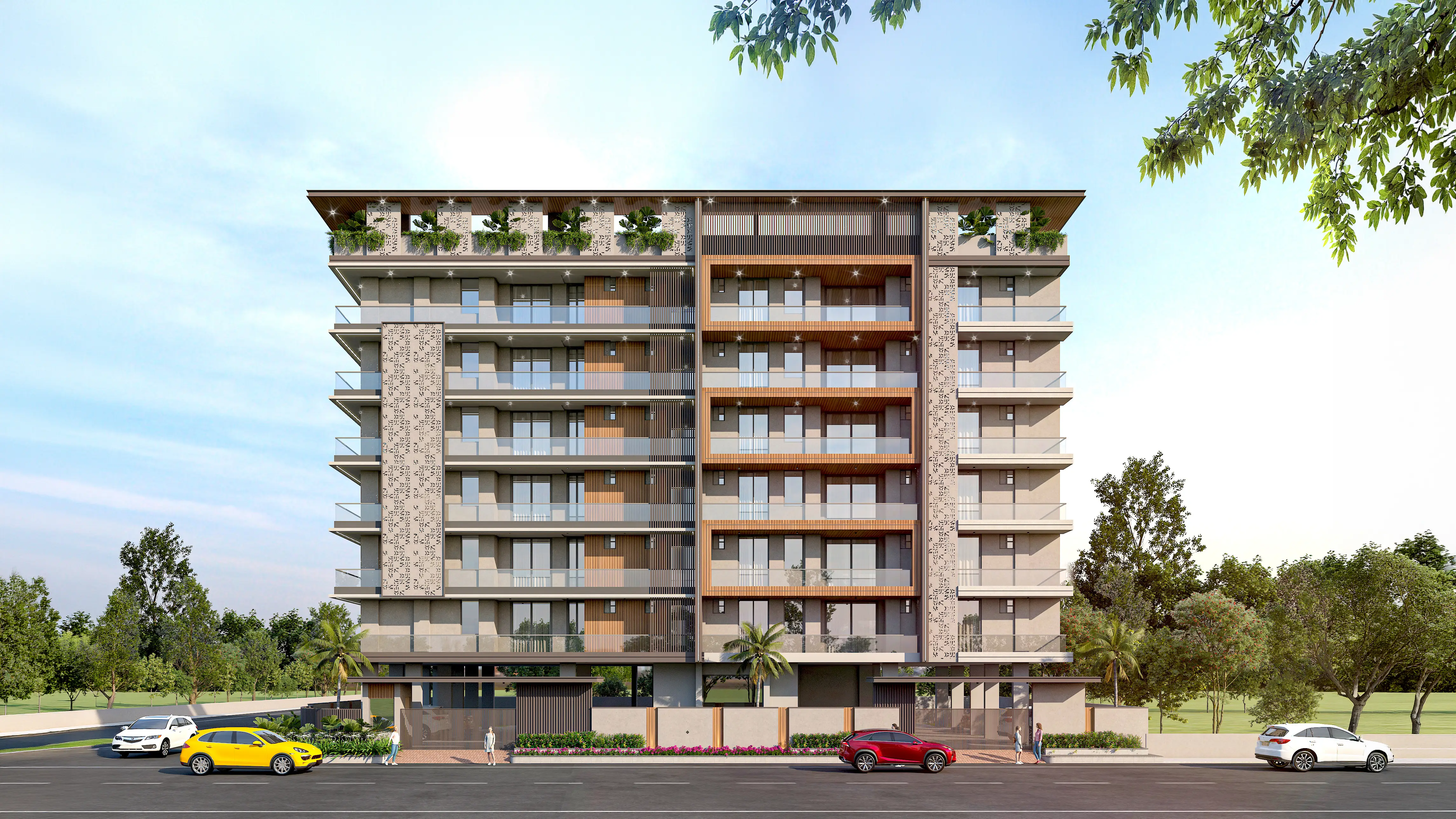 The front elevation of Vaishali Suites by day, seen straight on from the road.